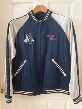 Uniqlo X Disney Satin Navy and Silver Minnie Mouse Varsity Jacket